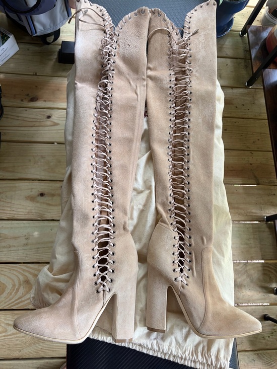 Boots Shoes - Salvatore Ferragamo Lace-Up Over-the-Knee High Heel Boots - Nude